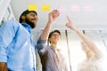 Group of successful Asian businessmen teamwork. Brainstorm meeting with sticky paper notes on the glass wall for new ideas.