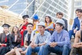 Group of successful beautiful young business people meeting greeting outside office, feeling happy team concept Royalty Free Stock Photo