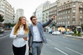 Group of successful business people working, walking in a city street. Royalty Free Stock Photo