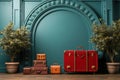 A group of suitcases sitting next to each other on a wooden floor. Blue copy space arch. Minimalist tourist concept