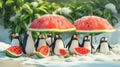 A group of sun penguins huddled under a watermelon umbrella shade with one silly penguin wearing a watermelon slice as a Royalty Free Stock Photo