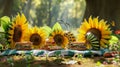 A group of sunflowers gathered around a picnic blanket eagerly devouring sandwiches while a curious caterpillar looks on