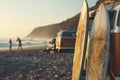 Group of surfers with boards walking on the beach at sunset. Surfing community and friendship, end of a perfect day Royalty Free Stock Photo