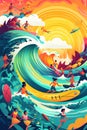 A group of surfers riding a wave in the ocean. Generative AI image.