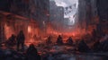 A group of survivors barricading themselves in a deserted city. Fantasy concept , Illustration painting