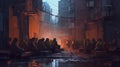 A group of survivors barricading themselves in a deserted city. Fantasy concept , Illustration painting