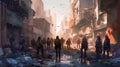 A group of survivors barricading themselves in a deserted city. Fantasy concept , Illustration painting