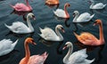 A group of swans are swimming in a body of water, with some of them being pink and white. The swans are spread out acros