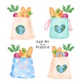 Group of sweet pastel Eco-Friendly reusable shopping bag full of fresh vegetables watercolor hand drawing illustration