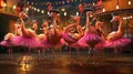 A group of sy flamingos showing off their synchronized dance moves clad in glittery tutus and top hats at the fiestas