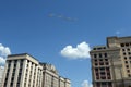 Group of tactical front-line bombers with variable sweep wing Su-24M Fencer in the skies over Moscow during the parade dedicated