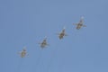 A group of tactical front-line bombers with a variable sweep wing su-24M Fencer in the sky over Moscow during the dress rehearsa