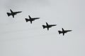 A group of tactical front-line bombers with a variable sweep wing Su-24M Fencer flies over Red Square during the celebration of Royalty Free Stock Photo