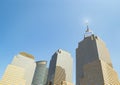 Group of tall skyscrapers against a blue sky in New York City. Royalty Free Stock Photo