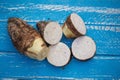 Group of Taro Root on wooden Background Royalty Free Stock Photo