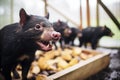 group of tasmanian devils at a communal feeding site