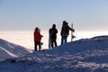 Group or team concept with friends skiers and snowboarders. ski snowboard resort. Royalty Free Stock Photo