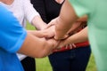 Group, teamwork and hands together in unity for collaboration, support or trust in nature. Closeup of people or Royalty Free Stock Photo