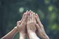 Group of teamwork high five team together hands raise up power partner. Diversity multiethnic group of business people success Royalty Free Stock Photo