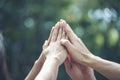 Group of teamwork high five team together hands raise up power partner. Diversity multiethnic group of business people success Royalty Free Stock Photo