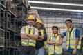 Group of technicians or foreman. Team of workers and engineer in parts warehouse. Space for Text