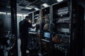 a group of technicians, installing 5g network equipment in a high-tech data center