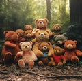 A group of teddy bears are sitting together in the woods Royalty Free Stock Photo
