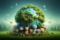 a group of teddy bears standing around an earth