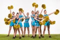 The group of teen cheerleaders posing at white studio Royalty Free Stock Photo