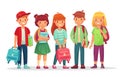 Group teen pupils. School boys and girls teens students with backpack and books. Kids pupil learning together vector