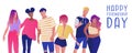 Group of teenage boys and girls or school friends standing together, embracing each other. Flat cartoon vector illustration. Royalty Free Stock Photo