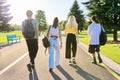 Group of teenage friends on sunny summer day walking together on road, back view