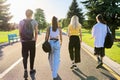 Group of teenage friends on sunny summer day walking together on road, back view