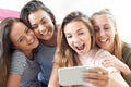 Group Of Teenage Girls Taking Selfie On Mobile Phone Royalty Free Stock Photo