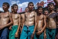 A group of teenage wrestlers wait for the start of competition at the Elmali Turkish Oil Wrestling Festival in Elmali in Turkey.