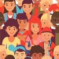 Group teenager character pattern, flat vector illustration. Young together student walk, juvenile people different