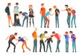 Group of Teenagers Bullying Sad Classmates Set, Mockery and Bullying at School Concept Cartoon Vector Illustration