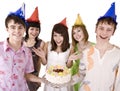 Group of teenagers celebrate happy birthday. Royalty Free Stock Photo