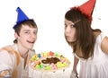 Group teenagers celebrate happy birthday. Royalty Free Stock Photo