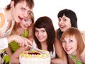 Group of teenagers with happy birthday cake. Royalty Free Stock Photo