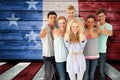 Composite image of group of teenagers standing in front of the camera with thumbs up