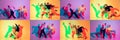Group of teens, boys and girls dancing hip-hop in stylish clothes on gradient studio background in neon light. Royalty Free Stock Photo