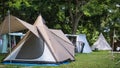 Various tents on camping area in the forest