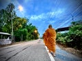 The group of Thai monks that wear yellow robe are walking straight