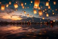 Group of Thai people release sky floating lanterns or lamp to worship Buddha\'s relics with reflection