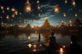 Group of Thai people release sky floating lanterns or lamp to worship Buddha\'s relics with reflection