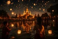 Group of Thai people release sky floating lanterns or lamp to worship Buddha\'s relics with reflection