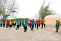 Group of Thai student are doing exercise together in the basketball field in the morning at Paknampran wittaya school Hua Hin, Th