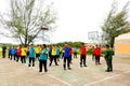 Group of Thai student are doing exercise together in the basketball field in the morning at Paknampran wittaya school Hua Hin, Th