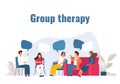 Group therapy. Addiction treatment session. Cartoon people with speech bubbles. Collective psychotherapy. Psychologist